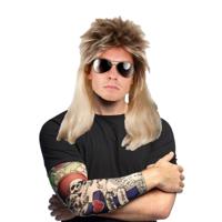 Rocker/biker verkleed set heren - carnaval verkleed pruik blond haar - met 2 Tattoo sleeves