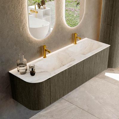 Badmeubel Mondiaz Kurve-Dlux | 155 cm cm | Meubelkleur Shadow | Wastafelkleur Frappe | Solid surface | Dubbel / Rechts spoelbak | 2 kraangaten