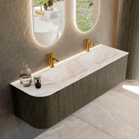 Badmeubel Mondiaz Kurve-Dlux | 155 cm cm | Meubelkleur Shadow | Wastafelkleur Frappe | Solid surface | Dubbel / Rechts spoelbak | 2 kraangaten