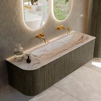 Badmeubel Mondiaz Kurve-Dlux | 145 cm | Meubelkleur Shadow | Wastafelkleur Nata | Solid surface | Wasbak rechter zijde spoelbak | Zonder kraangat(en)