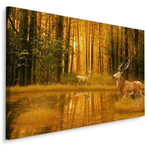 Schilderij - Herten bij een Meer in het Bos, premium Print