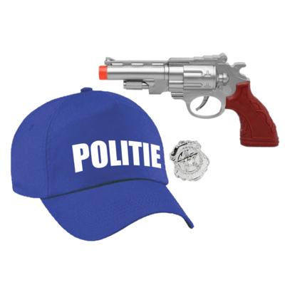 Politie verkleed baseballcap - petje - blauw - met pistool en badge - voor volwassenen - carnaval