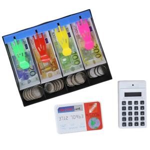 Speelgeld set in kassa lade - met rekenmachine en bankpasje - Winkeltje spelen