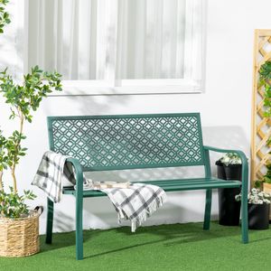 Outsunny stalen tuinbank, 2-zits parkbank met rugleuning en armleuning, bank met bloemmotief, voor tuin, balkon, max. 240 kg, donkergroen, 127 x 63 x 83 cm