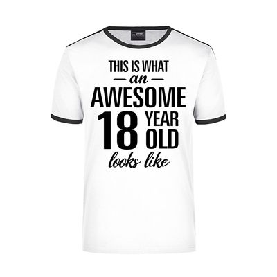 Awesome 18 year / 18 jaar wit/zwart ringer cadeau t-shirt voor heren