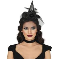 Halloween heksenhoed - op diadeem/haarband - zwart - one size - meisjes/dames