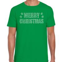 Glitter kersttrui t-shirt - groen - voor heren - Merry Christmas - glitter steentjes
