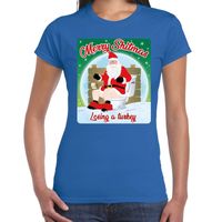 Fout kerst t-shirt merry shitmas turkey blauw voor dames - thumbnail