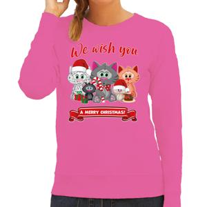 Foute Kersttrui/sweater voor dames - We wish you - roze - kerst katjes - kerst cadeau