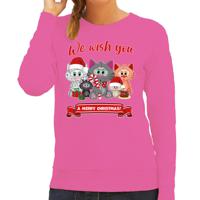 Foute Kersttrui/sweater voor dames - We wish you - roze - kerst katjes - kerst cadeau