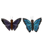 2x Houten dieren magneten blauwe en paarse vlinder - thumbnail