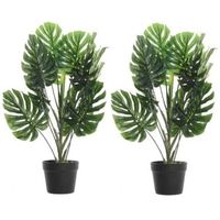 2x Groene Monstera gatenplant kunstplanten 70 cm met zwarte pot - Kunstplanten - thumbnail