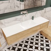 Mondiaz Lush Cloud badmeubel eiken licht 150 cm 1 lade solid surface enkele spoelbak midden zonder kraangat