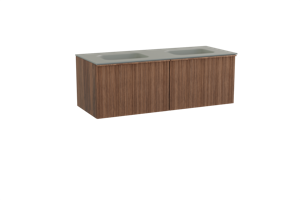 Balmani Forma zwevend badmeubel 135 x 55 cm amerikaans notenhout met Tablo Arcato dubbele wastafel in solid surface steengrijs, Verticale asymmetrische ronde ribbel