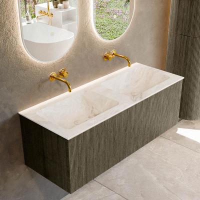 Badmeubel Mondiaz Kurve-Dlux | 120 cm cm | Meubelkleur Shadow | Wastafelkleur Frappe | Solid surface | Wasbak beiden zijden spoelbak | Zonder kraangat(en)