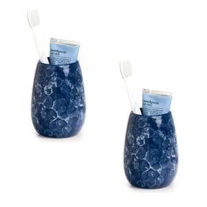 Tandenborstelhouder - 2x - keramiek - marmerlook blauw - 8 x 11 cm