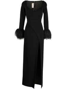 Elie Saab robe longue à détails de plumes - Noir