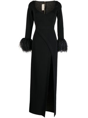 Elie Saab robe longue à détails de plumes - Noir