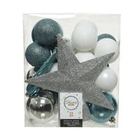 33x stuks kunststof kerstballen met ster piek zilver/ijsblauw (blue dawn)/wit