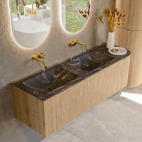 Badmeubel Mondiaz Kurve-Dlux | 145 cm | Meubelkleur Oak | Wastafelkleur Lava | Solid surface | Dubbele spoelbak | Zonder kraangat(en)