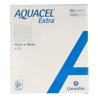 Aquacel Extra verband hydrofiber + versterking10 x 10cm 10 Stuks Aquacel Extra verband hydrofiber + versterking10 x 10cm 10 Stuks