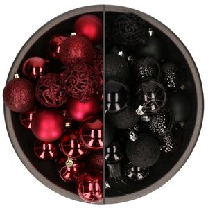 74x stuks kunststof kerstballen mix zwart en donkerrood 6 cm