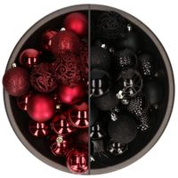 74x stuks kunststof kerstballen mix zwart en donkerrood 6 cm - thumbnail