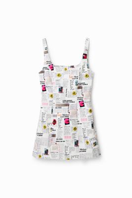 Korte jurk met schouderbandjes en kranten - WHITE - XL
