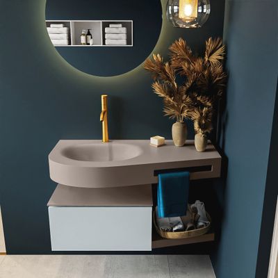 MONDIAZ RIVA 100cm badmeubel onderkast / planchet kleur Clay met 1 lade. Wastafel DULCET links 1 kraangat kleur Smoke. MONDIAZ RIVA 100cm badmeubel onderkast / planchet kleur Clay met 1 lade. Wastafel DULCET links 1 kraangat kleur Smoke.