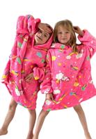 Plaid met mouwen - kind - fleece - unicorn neon roze