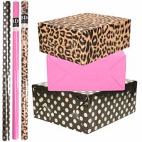 6x Rollen kraft inpakpapier/folie pakket - panterprint/roze/zwart met gouden stippen 200 x 70 cm - Cadeaupapier