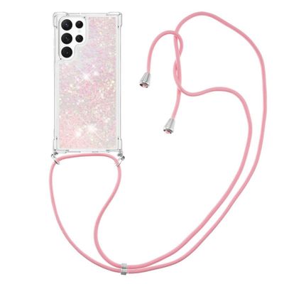 Lunso - Samsung Galaxy S23 Ultra - Telefoonhoes met koord - Glitter Lichtroze