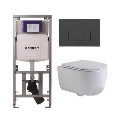 QeramiQ Dely Swirl Toiletset - 36.3x51.7cm - Geberit UP320 Burda inbouwreservoir - slimzitting - bedieningsplaat antraciet mat - rechthoekige knoppen - wit mat 0701131/SW1102377/SW1000766/SW1026257