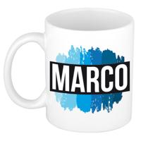 Marco naam cadeau koffie mok - beker - met blauw verfstrepen - Cadeau collega - vaderdag