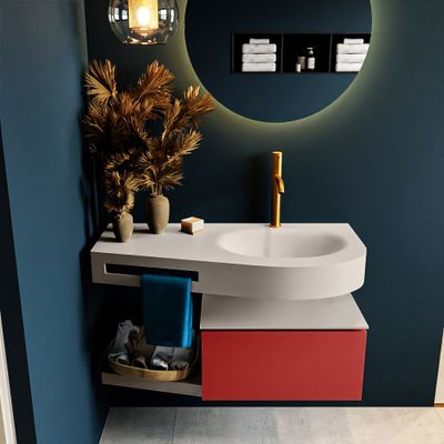 MONDIAZ RIVA 100cm badmeubel onderkast / planchet kleur Fire met 1 lade. Wastafel DULCET rechts 1 kraangat kleur Linen.