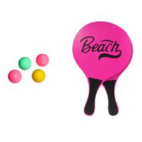 Strand Beachball set - hout - roze - strand sport speelset - met 5x balletjes - thumbnail