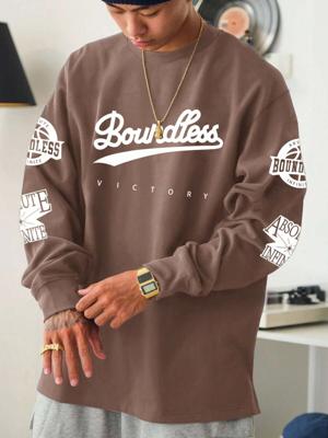 Men's Letter Print Sweatshirt - Dark Green Loose Fit Casual Top Brown_1 / M