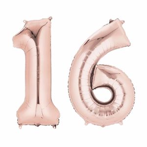 Folieballon cijfer 16 rosegoud voor lucht of helium