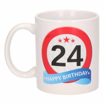 24 jaar Verjaardag koffiemok - cadeau beker - stopbord print - 300 ml - keramiek - wit