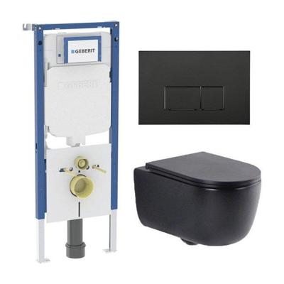 QeramiQ Dely Swirl Toiletset - 36.3x51.7cm - Geberit UP720 Duofix Sigma inbouwreservoir - slim zitting - mat zwarte metalen bedieningsplaat - rechthoekige knoppen - mat zwart SW1237202/SW706193/SW1000768/SW1026258