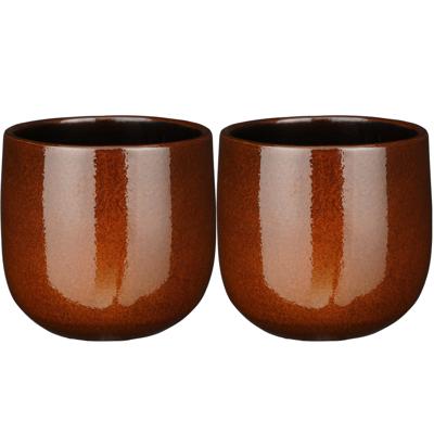 Plantenpot/bloempot - 2x stuks - terra bruin - D21 /H19 cm - keramiek - speels licht gevlekt patroon