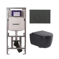 QeramiQ Dely Swirl Toiletset - 36.3x51.7cm - Geberit UP320 Burda inbouwreservoir - 35mm zitting - bedieningsplaat mat antraciet - ronde knoppen - mat zwart 0701131/SW1102376/SW1000769/SW1026258