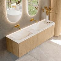 Badmeubel Mondiaz Kurve-Dlux | 155 cm | Meubelkleur Oak | Wastafelkleur Frappe | Solid surface | Dubbele spoelbak | Zonder kraangat(en)