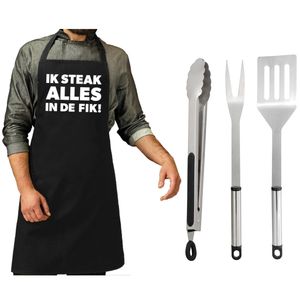 BBQ/barbecue gereedschap set 3-delig RVS met zwart schort Ik steak alles in de fik!