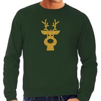 Rendier hoofd Kerst sweater / trui groen voor heren met gouden glitter bedrukking - thumbnail