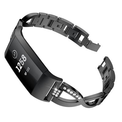 X-vormige Diamond-studded metalen staal pols Band Watch Band voor Fitbit Charge 3(Black)