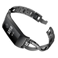 X-vormige Diamond-studded metalen staal pols Band Watch Band voor Fitbit Charge 3(Black)