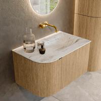 Badmeubel Mondiaz Kurve-Dlux | 75 cm | Meubelkleur Oak | Wastafelkleur Glace | Solid surface | Rechts spoelbak | Zonder kraangat(en)