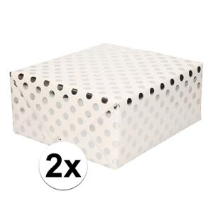 Luxe folie inpakpapier/cadeaupapier - 2x - wit/zilveren stip - 200 x 70 cm