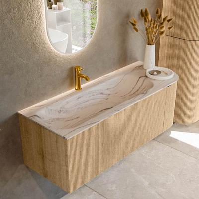 Badmeubel Mondiaz Kurve-Dlux | 125 cm | Meubelkleur Oak | Wastafelkleur Nata | Solid surface | Wasbak linker zijde spoelbak | 1 kraangat